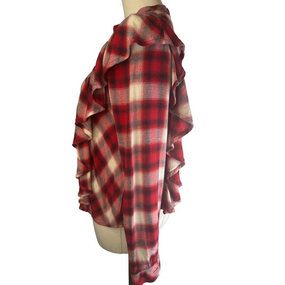 2/$30 Zara Basic Small Denim Red & White Plaid Ruffled Button-Up Blouse - Picture 10 of 15